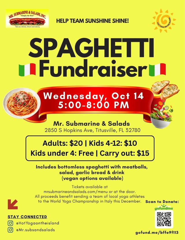 * Spaghetti Fundraiser (Dine In/Bottomless) October 14th, 5-8pm.